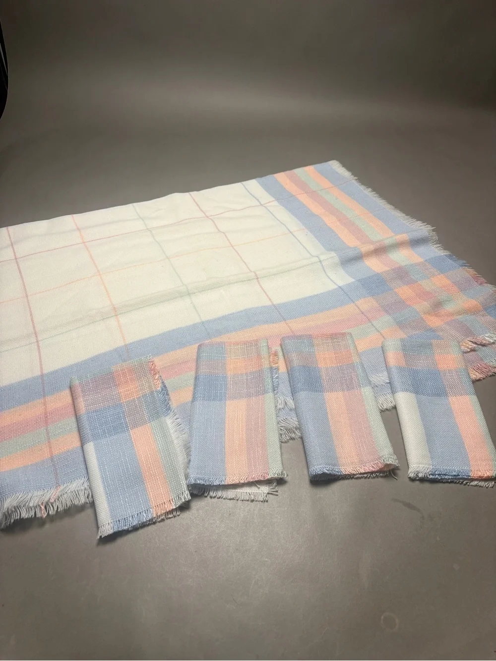 Pastel Plaid Cotton Table Cloth and Napkin Set - White, Light Blue, Pink 50x68in